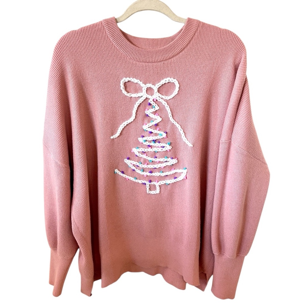 Hand Drawn and Embroidered Pink Holiday Bow Tree Sweater XL